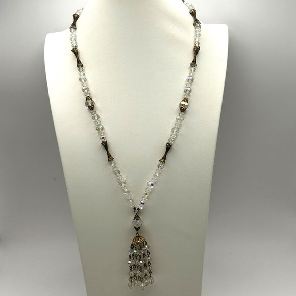 Vintage Aurora Borealis Crystal Tassel Necklace 26” Filigree Midcentury Cocktail - Picture 10 of 16